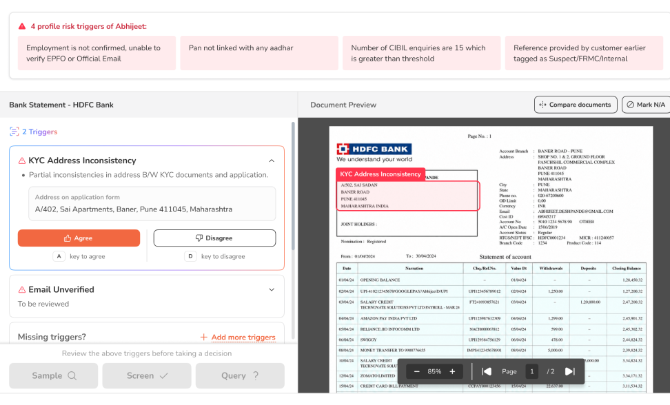 Fraud investigation tool showing a bank statement beside a flagged KYC address inconsistency