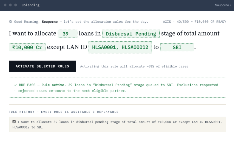 Co-lending interface for setting loan allocation rules in plain language