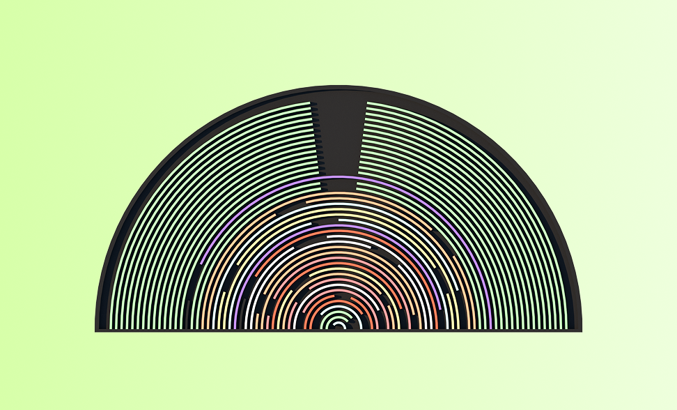 Physical data visualisation: concentric coloured arcs radiating from a central point